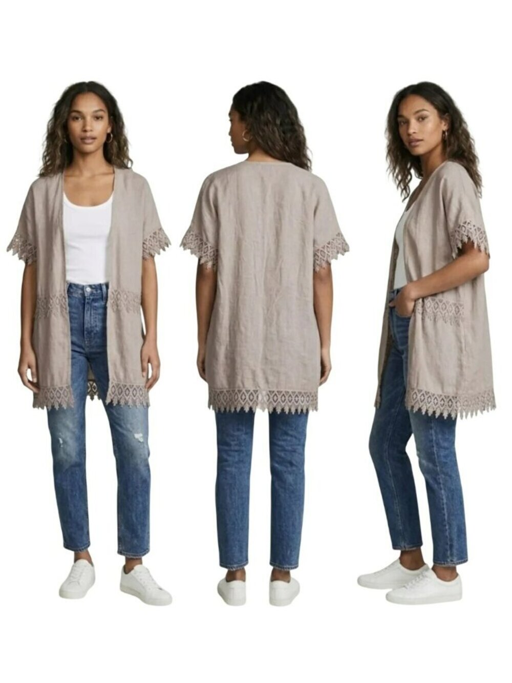 Valentina Naldi Italian Linen Lace Fringe Kimono Cardigan Cover Up Beige OS